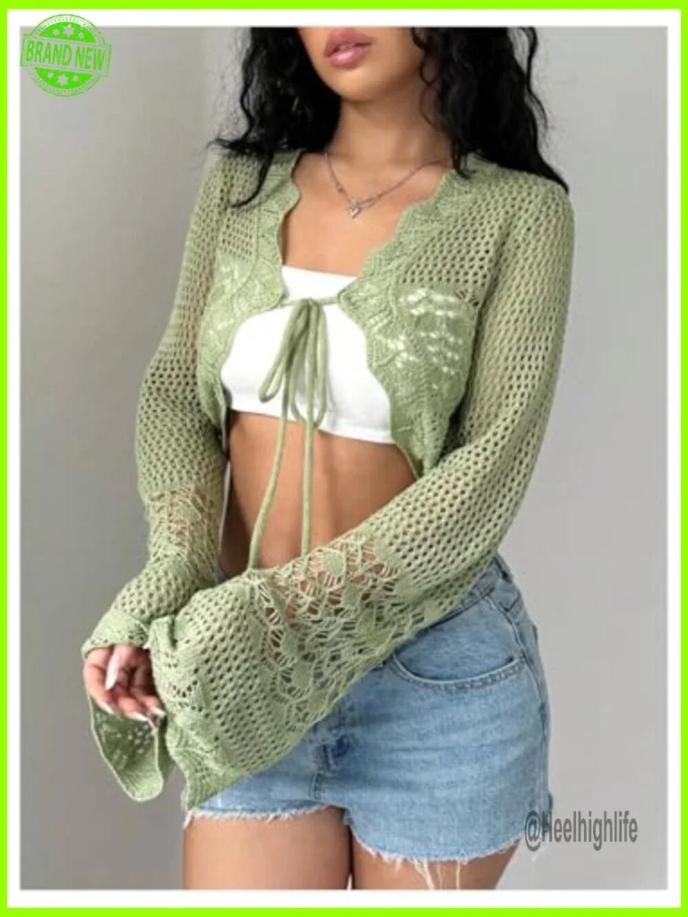Large Cropped Cardigan Sheer Crochet Shrug Bell Sleeves Tie Front